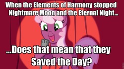 Size: 960x540 | Tagged: safe, cheerilee, nightmare moon, g4, cheerilee pun, elements of harmony, exploitable meme, meme, pun