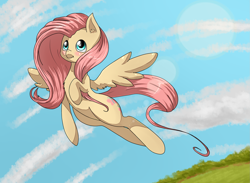 Size: 2051x1500 | Tagged: safe, artist:tomat-in-cup, fluttershy, pegasus, pony, g4, chest fluff, cloud, female, flying, mare, outdoors, solo