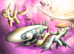 Size: 1920x1400 | Tagged: safe, artist:fongsaunder, fluttershy, rainbow dash, pegasus, pony, g4, airship, flying