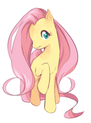 Size: 443x600 | Tagged: safe, artist:azamono, artist:kyorokyoro, fluttershy, pony, g4, female, looking at you, mare, outline, raised hoof, simple background, smiling, solo, standing, transparent background, turned head, white outline