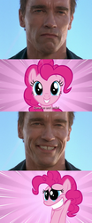 Size: 1280x3072 | Tagged: safe, pinkie pie, earth pony, human, pony, g4, arnold schwarzenegger, comic, female, irl, irl human, male, mare, photo, smiling, terminator