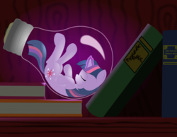 Size: 9000x7000 | Tagged: safe, artist:matty4z, twilight sparkle, pony, unicorn, g4, absurd resolution, book, bookshelf, female, glowing horn, horn, lightbulb, mare, micro, pun, sleeping, solo, tiny, tiny ponies, twiny, unicorn twilight