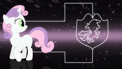 Size: 2732x1536 | Tagged: safe, artist:elsdrake, sweetie belle, pony, g4, female, logo, solo, wallpaper