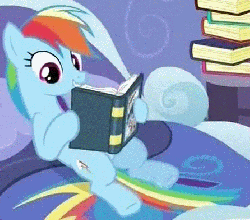 Size: 446x393 | Tagged: safe, screencap, rainbow dash, earth pony, pony, g4, read it and weep, animated, awesome, bed, book, cute, dashabetes, female, hnnng, hoofy-kicks, leg wiggle, reading, that pony sure does love books