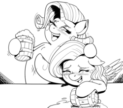 Size: 620x543 | Tagged: safe, artist:kevinsano, fluttershy, rarity, pony, g4, alcohol, blushing, drunk, drunk rarity, drunkershy, duo, grayscale, lineart, monochrome