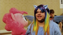 Size: 560x314 | Tagged: safe, pinkie pie, rainbow dash, human, g4, brony, brony stereotype, cosplay, irl, irl human, neckbeard, photo