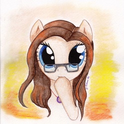 Size: 2705x2720 | Tagged: safe, artist:0okami-0ni, oc, oc only, cute, glasses, hoof biting, traditional art, watercolor painting