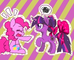 Size: 1680x1356 | Tagged: safe, artist:black dog, pinkie pie, twilight sparkle, earth pony, pony, unicorn, g4, blushing, bow, drawing, emanata, eyes closed, hair bow, laughing, open mouth, phone drawing, pointing, sketchbook mobile, smiling, tail bow, twilight sparkle is not amused, unamused, unicorn twilight