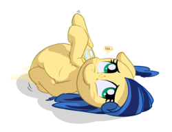Size: 1569x1205 | Tagged: safe, artist:lowkey, oc, oc only, oc:milky way, pony, blushing, chubby, cute, embarrassed, fat, female, lactation, mare, puddle, solo