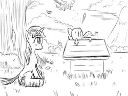 Size: 800x600 | Tagged: safe, artist:vahnara, spike, twilight sparkle, g4, crossover, doghouse, leaf, monochrome, peanuts, reference, relaxing, snoopy, tree