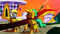 Size: 1920x1080 | Tagged: safe, artist:equestria-prevails, artist:mylittlevisuals, derpy hooves, sunshower raindrops, pegasus, pony, g4, armor, evening, female, guard, mare