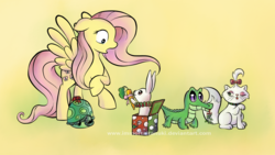 Size: 1256x710 | Tagged: safe, artist:immortaltanuki, angel bunny, fluttershy, gummy, opalescence, tank, g4, jack in a box