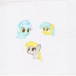 Size: 900x906 | Tagged: safe, artist:jv9ufxcy, derpy hooves, lyra heartstrings, sunshower raindrops, pegasus, pony, g4, drawing, female, mare