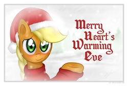 Size: 1651x1110 | Tagged: safe, artist:eugene-joe-c, applejack, g4, braid, clothes, hat, hearth's warming eve, santa hat, sweater