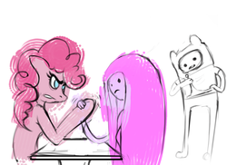 Size: 1230x893 | Tagged: dead source, safe, artist:fiasko0, pinkie pie, g4, adventure time, arm wrestling, crossover, finn the human, male, princess bubblegum, tumblr