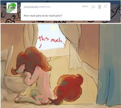 Size: 702x625 | Tagged: safe, artist:telemiscommunications, pinkie pie, earth pony, pony, g4, ask, bathroom, bubble berry, bubbleberry answers, hangover, rule 63, sick, solo, toilet, tumblr, unshorn fetlocks, vomit