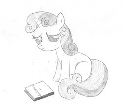 Size: 1280x1165 | Tagged: safe, artist:dtcx97, sweetie belle, pony, unicorn, g4, blank flank, book, horn, monochrome, sketch, solo