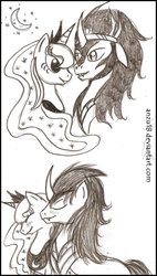 Size: 675x1185 | Tagged: safe, artist:rossmaniteanzu, king sombra, princess luna, g4, female, male, monochrome, ship:lumbra, shipping, straight