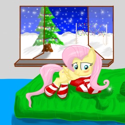 Size: 2000x2000 | Tagged: safe, artist:mileselectric, fluttershy, pony, g4, christmas, clothes, female, snow, snowfall, socks, solo, striped socks