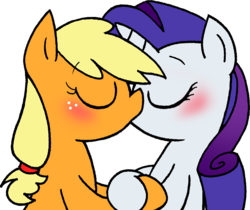 Size: 1050x880 | Tagged: safe, artist:strangiesleepy, applejack, rarity, earth pony, pony, unicorn, g4, blushing, duo, female, kissing, lesbian, mare, ship:rarijack, shipping, simple background, transparent background