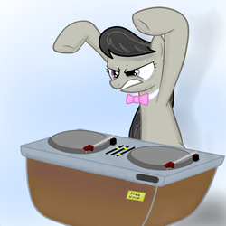 Size: 1024x1024 | Tagged: safe, artist:higglederp, octavia melody, earth pony, pony, g4, female, mare, solo, turntable, unhappy