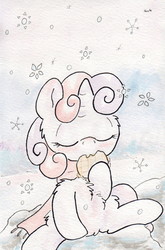 Size: 731x1105 | Tagged: safe, artist:slightlyshade, sweetie belle, pony, g4, clothes, cute, eyes closed, female, fluffy, scarf, snow, snowfall, snowflake, solo, traditional art, waffle, winter