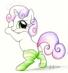 Size: 621x669 | Tagged: safe, artist:prettypinkpony, sweetie belle, pony, unicorn, g4, blushing, butt, clothes, female, filly, foal, horn, plot, socks, solo, striped socks, traditional art