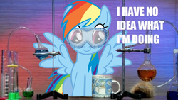 Size: 500x282 | Tagged: safe, edit, rainbow dash, g4, front view, goggles, i have no idea what i'm doing, image macro, science, sitting, spread wings, wings