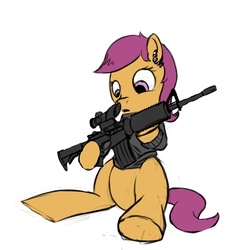 Size: 1194x1280 | Tagged: safe, artist:fiasko0, scootaloo, pegasus, pony, g4, acog, ar-15, female, gun, rifle, simple background, solo, stalkerloo, this will end in tears, trijicon, weapon, white background