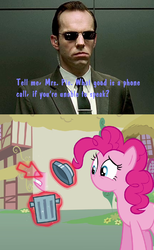 Size: 630x1023 | Tagged: safe, artist:rewirken, pinkie pie, human, pony, g4, agent smith, comic, crossover, error, female, irl, irl human, male, mare, mouse cursor, no mouth, no nose, photo, sunglasses, the matrix, trash can