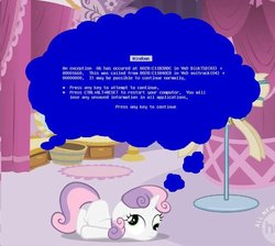 Size: 640x573 | Tagged: safe, sweetie belle, pony, robot, unicorn, g4, blue screen of death, derp, female, filly, floppy ears, foal, hooves, horn, lying down, microsoft, microsoft windows, solo, sweetie bot, text