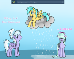 Size: 850x675 | Tagged: safe, artist:marikaefer, cloudchaser, flitter, sunshower raindrops, pony, ask flitter and cloudchaser, g4, ask, rain, tumblr