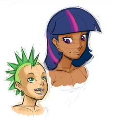 Size: 560x598 | Tagged: dead source, safe, artist:mr-samson, spike, twilight sparkle, g4, bust, dark skin, humanized, mohawk