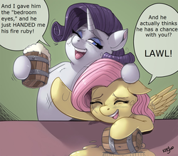 Size: 1280x1122 | Tagged: safe, alternate version, artist:kevinsano, fluttershy, rarity, pegasus, pony, unicorn, g4, secret of my excess, anti-shipping, chest fluff, dialogue, drunk, drunk rarity, drunkershy, duo, eyes closed, female, flutterbitch, friendzone, laughing flarity, laughingmares.jpg, mare, meanies, open mouth, raribitch, speech bubble, spikeabuse, text