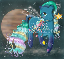 Size: 700x645 | Tagged: safe, artist:hollowzero, oc, oc only, oc:constellation, pony, 2005 my little pony fair, my little pony fair, g3, 2004, artificial wings, augmented, constellation, constellation wings, female, floating, gradient legs, gradient mane, gradient tail, looking at you, magic, magic wings, mare, mouth hold, obtrusive watermark, planet, solo, space, stars, tail, toy fair, wand, watermark, wings