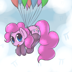 Size: 1000x1000 | Tagged: safe, artist:eshredder, pinkie pie, earth pony, pony, g4, :p, balloon, clothes, cloud, cute, diapinkes, dock, female, looking at you, pi, sky, socks, solo, stockings, then watch her balloons lift her up to the sky, tongue out