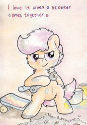 Size: 737x1050 | Tagged: safe, artist:slightlyshade, scootaloo, pony, g4, bipedal, female, paint, paint on fur, scooter, solo, traditional art, wrench
