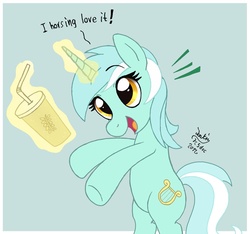 Size: 1070x1000 | Tagged: safe, artist:joakaha, lyra heartstrings, pony, unicorn, g4, bipedal, cup, drink, female, magic, oat smoothie, smoothie, solo, straw