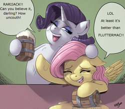 Size: 1280x1122 | Tagged: safe, alternate version, artist:kevinsano, fluttershy, rarity, pony, g4, anti-shipping, chest fluff, cider, drunk, drunk rarity, drunkershy, duo, female, laughing flarity, lesbian, ship:flarity, shipping, text