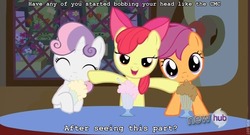 Size: 843x455 | Tagged: safe, apple bloom, scootaloo, sweetie belle, g4, one bad apple, cutie mark crusaders, text