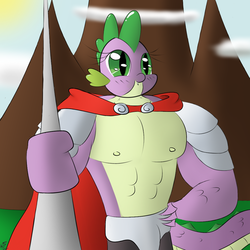 Size: 1024x1024 | Tagged: safe, artist:chaikeon, spike, g4, baby face, beefspike, buff, cute, fantasy class, knight, lance, manliness, muscles, warrior