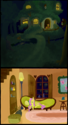 Size: 900x1646 | Tagged: dead source, safe, artist:celestiawept, fluttershy, pegasus, pony, g4, alone, couch, female, fluttershy's cottage, interior, night, prone, solo