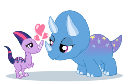 Size: 1500x970 | Tagged: safe, artist:madmax, trixie, twilight sparkle, dinosaur, reptile, triceratops, g4, heart, namesake, night at the museum, pun, ship:twixie, shipping, simple background, species swap, toy story, toy story 3, transparent background, wat