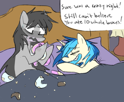 Size: 1006x823 | Tagged: safe, artist:ghost, dj pon-3, octavia melody, vinyl scratch, g4, bed, digestion without weight gain, donut, duo, female, food, implied stuffing, mare, open mouth