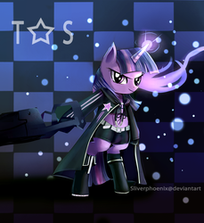 Size: 800x872 | Tagged: safe, artist:incinerater, twilight sparkle, g4, bipedal, black rock shooter, cannon, clothes, cosplay, costume, glowing horn, horn, jacket, looking at you, parody, weapon