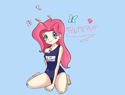 Size: 1363x1029 | Tagged: safe, artist:gabidansk, fluttershy, human, g4, clothes, humanized, one-piece swimsuit, school swimsuit, skinny, sukumizu, swimsuit, thin