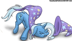 Size: 1366x768 | Tagged: safe, artist:thelonelampman, trixie, pony, g4, magic duel, :t, eyes closed, face down ass up, faceplant, female, floppy ears, gritted teeth, solo, tripsie