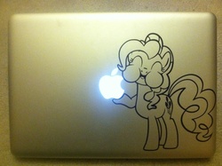 Size: 2592x1936 | Tagged: dead source, safe, artist:lifelessshadow26, pinkie pie, earth pony, pony, g4, apple (company), computer, decal, eating, laptop computer, macbook, macintosh (computer), puffy cheeks