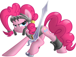 Size: 3153x2364 | Tagged: safe, artist:itchykitchy, pinkie pie, earth pony, pony, g4, armor, female, lidded eyes, looking back, simple background, solo, sword, transparent background, vector, warrior, weapon