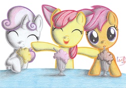 Size: 2332x1632 | Tagged: safe, artist:patoriotto, apple bloom, scootaloo, sweetie belle, g4, cutie mark crusaders, milkshake, traditional art